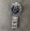 Reloj único de aleación plateada irregular con esfera púrpura y marco estilo orgánico - Banda Plateada Esfera Azul Púrpura Con Lupa