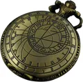 Detailed view of vintage bronze quartz pocket watch with zodiac astronomical engraving cover - Thin Chain / Bronze Zodiac Dial