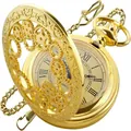 Elegant retro golden quartz pocket watch with skeletal gear design and Roman numerals - Roman Numerals / Gold Gear