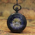 Montre à gousset mécanique noire vintage avec cadran squelette et chiffres romains - Modèle Manuel