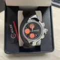 Futuristic Y2K style irregular quartz watch with black strap and orange dial subdials - MILER Style / Miler Orange