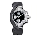 Futuristic Y2K asymmetrical quartz watch with silver wavy case and black rubber strap. - Black Dial 6-Hand / Black