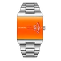 Stylish men's square quartz watch with vibrant orange dial and silver stainless steel strap - Orange Dial Silver Strap