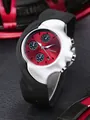 Futuristic Y2K distorted silver quartz watch with a striking red dial and black strap. - Red Logo Style / Red