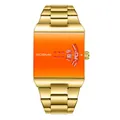 Montre à quartz moderne pour hommes en acier doré avec cadran orange carré unique et élégant - Golden shell orange noodles