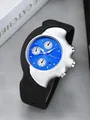 Futuristic y2k style warped quartz watch with blue dial and black silicone strap - Blue Logo Style / Blue