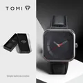 TOMI minimalistisch vierkant kwartshorloge met zwarte lederen band - Zwarte Kast Zwarte Band (T093-1)