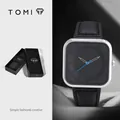 TOMI minimalistisch vierkant kwartshorloge met zwarte lederen band en blauwe wijzers - Zilveren Kast Zwarte Band (T093-3)