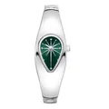 Detailed view of retro Y2K silver bangle watch featuring a green teardrop-shaped dial - Silver Case Green Dial