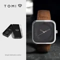 TOMI minimalistisch vierkant quartzhorloge met bruine leren band en een zwarte wijzerplaat - Zilveren Kast Koffie Band (T093-4)
