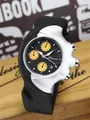 Futuristic Y2K irregular silver quartz watch with black rubber strap for men and women - Orange Logo / Orange