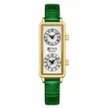 Montre quartz femme à double fuseau horaire avec bracelet en cuir vert et boîtier doré - Cuir Vert Boîtier Or