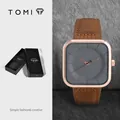 Elegante reloj de cuarzo cuadrado minimalista TOMI con correa de cuero marrón para hombre y mujer - Caja Dorada Correa Café (T093-6)