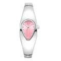 Nahaufnahme der Y2K Tropfen-Armbanduhr in Silber mit einem eleganten rosa Sonnenstrahl-Zifferblatt - Silbergehäuse Rosa Zifferblatt