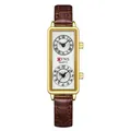 Montre à quartz rectangulaire vintage pour femme avec double fuseau et bracelet en cuir brun - Café Or (Bracelet en Cuir)