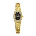 Elegante reloj de cuarzo para mujer en tono dorado con bisel de pedrería y esfera negra - Caja Dorada Esfera Negra