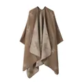 Detailed view of a brown and beige faux cashmere knit poncho with ginkgo leaf patterns - Ginkgo / 160cm x 135cm / Khaki