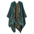 Vintage teal oil painting style knitted cashmere-like poncho scarf for autumn and winter - Classical Palace / 160cm x 135cm / Turquoise Green