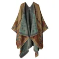 Bohemian faux cashmere knit poncho shawl featuring artistic teal and rust oil painting motifs - Quiet Courtyard Tree / 160cm x 135cm / Orange