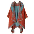 Vintage artistic knit shawl poncho with oil painting style pattern in orange and blue - Floral / 160cm x 135cm / Orange