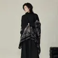 Elegant faux cashmere knitted shawl with vintage oil painting landscape print in black and grey - Forest Deer / 160cm x 135cm / Black and Gray