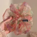 Oversized colorful sheer organza scrunchie with classic woven label for women hair styling - Gradient Green Pink Purple