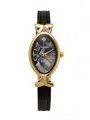 Elegant women's oval quartz watch with gold case, crystals and black leather strap - Gold Case Blue Dial