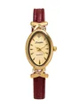 Elegant gold oval ladies quartz watch with burgundy leather strap and crystals - Gold Dial