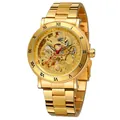 Luxurious golden skeleton mechanical watch with Roman numerals and steel bracelet - Steel Band Style (AL679426386979) / Gold Steel Band