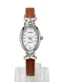 Elegant women's oval quartz watch with shiny crystal accents and brown leather strap - Coffee Strap