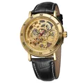 Gold men's skeleton mechanical watch with black leather strap and Roman numerals - Leather Strap Style (AL679426386979) / Gold Case Black Strap