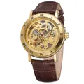 Classic Forsining men's skeleton mechanical watch with gold case and brown leather strap - Gold Case Brown Band