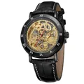 FORSINING men's skeleton mechanical watch with golden gears and black leather strap - Black Case Black Strap