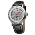 Skeleton mechanical men's watch with Roman numerals and elegant black leather strap - Silver Case Black Strap