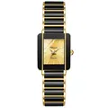 Elegant square quartz watch with gold sunray dial and black ceramic link bracelet band - Female Style / Two-Tone Gold Dial - Women