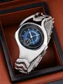 Y2K retro distorted silver wristwatch with asymmetric flowing design and blue dial - Glossy Black Blue
