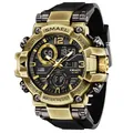 SMAEL Men's Gold Sports Watch with Dual Display, Waterproof and Black Rubber Strap - Antique Gold