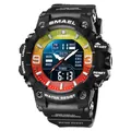 SMAEL men's sports digital analog watch featuring black strap and gradient dial design - Black/Red/Green