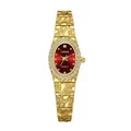 Reloj de cuarzo Labaoli dorado para mujer con esfera roja brillante y bisel de cristales - Caja Dorada Esfera Burdeos