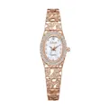 Reloj de cuarzo para mujer en oro rosa con pedrería, correa texturizada y esfera ovalada - Caja de Oro Rosa Esfera Blanca