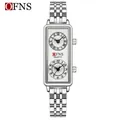 Montre rectangulaire élégante pour femme avec deux fuseaux horaires et chiffres romains - Acier Argent