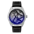 Détail d'une montre mécanique squelette de luxe avec lunette gravée en argent et bracelet cuir - Bracelet Noir Boîtier Argent Cadran Noir
