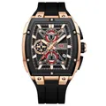 MINIFOCUS Outdoor Skeleton Men's Watch 0602G with Rose Gold Tonneau Case and Rubber Strap - Rose Black Case Black Dial Black Silicone Strap