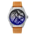 Vue détaillée de la montre automatique mécanique vintage squelette pour hommes - Bracelet Brun Boîtier Argent Cadran Noir