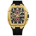 Mini Focus men's chronograph watch with gold tonneau case and black silicone strap - Gold Case Black Dial Black Silicone Strap