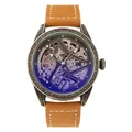 Vue détaillée d'une montre squelette mécanique en bronze vintage avec un bracelet en cuir marron - Bracelet Brun Boîtier Bronze Cadran Noir