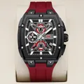 MINI FOCUS men's outdoor sports watch with red silicone strap and skeleton dial 0602G - Black Case Black Dial Red Strap
