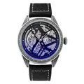 Vue détaillée d'une montre squelette automatique pour homme avec un boîtier argenté gravé. - Bracelet Noir Boîtier Noir Cadran Noir