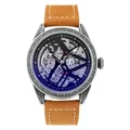 Vue détaillée d'une montre squelette automatique vintage avec son bracelet en cuir marron. - Bracelet Brun Boîtier Noir Cadran Noir