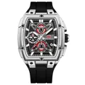 Reloj outdoor MINI FOCUS para hombre con esfera esqueleto roja de varias capas nuevo - Caja Plateada Esfera Negra Correa de Silicona Negra